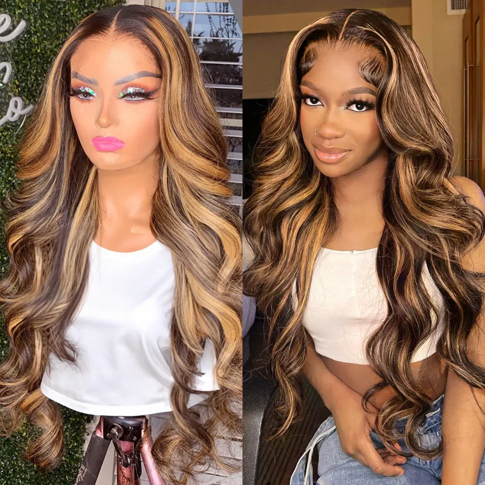 Curtain Bangs Highlight Honey Blonde Ombre 4/27  Body Wave Human Hair Glueless HD Lace Wigs