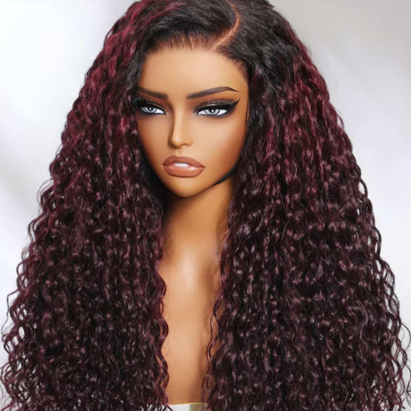 CIARA Hair Dark Plum with Dark Roots Color Water Wave 13x6 HD Lace Front Human Hair Wigs