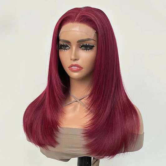 #99J Burgundy Color Feathered Layered Cut Straight Wigs HD Lace Human Hair Wig