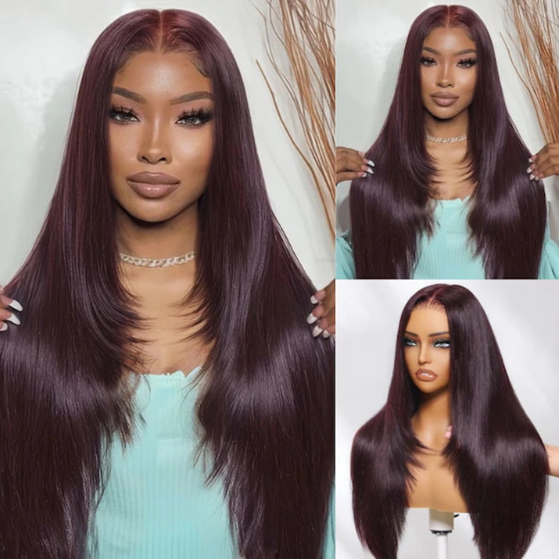 CIARA Hair Black Cherry Layered Cut  8x5 Glueless Wig Straight/Body Wave And 13x4 Lace Front Human Hair Wigs 220% Density