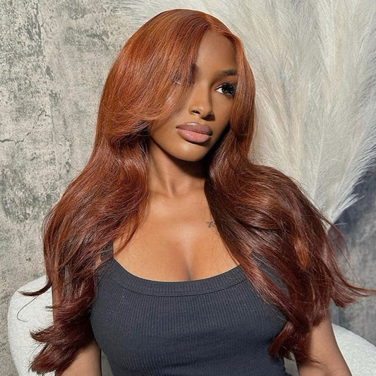 #33 Reddish Brown Straight HD Lace Frontal Wig with Curtain Bangs