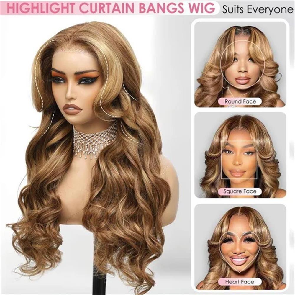 Curtain Bangs Highlight Honey Blonde Ombre 4/27  Body Wave Human Hair Glueless HD Lace Wigs
