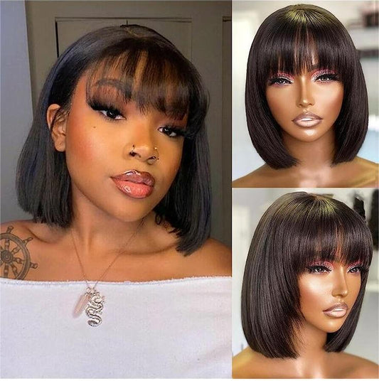 Straight Short Cut Bob 2x4 HD Lace Wigs Glueless Human Hair Wigs with Bangs For Black Women