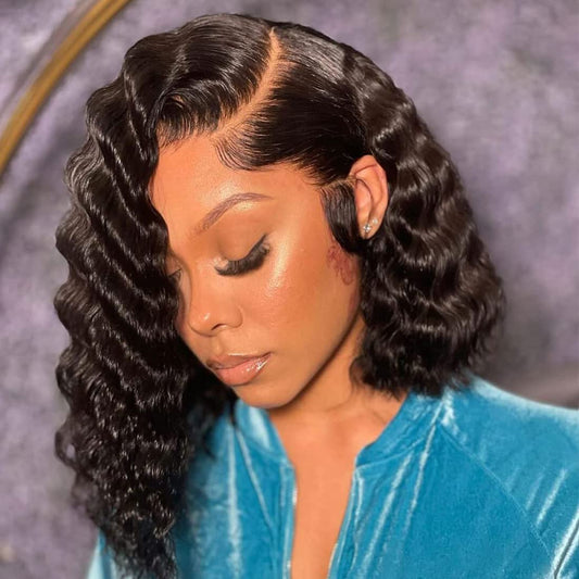 Asymmetrical Side Part Deep Wave Short Bob Wigs Human Hair Glueless HD Lace Front Wig With Side Parting